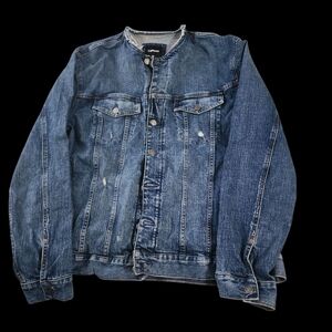 Express Blue Denim Distressed Collarless Plus Size Trucker Jacket XXL